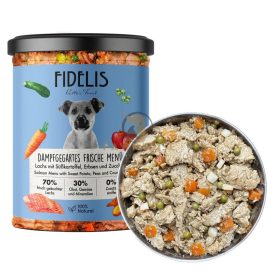   FIDELIS Friss lazacos főtt menü édesburgonyával, cukkinivel és borsóval– teljes értékű eledel kutyáknak 400 g