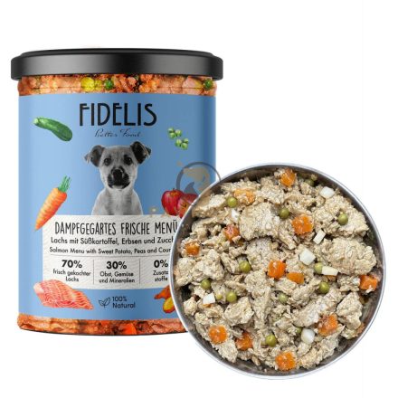 FIDELIS Friss lazacos főtt menü édesburgonyával, cukkinivel és borsóval– teljes értékű eledel kutyáknak 400 g